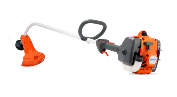Husqvarna 122C benzine-grastrimmer met gebogen steel, Tap 'n Go-draadkop en Smart Start® voor comfortabel tuinonderhoud.