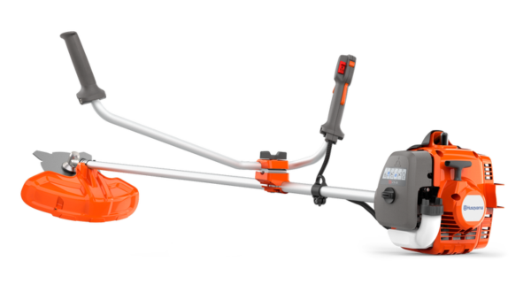 Husqvarna 325R benzine-bosmaaier met trimmerkop, grasmes, U-handgreep en draagharnas voor krachtig en veelzijdig maaien.