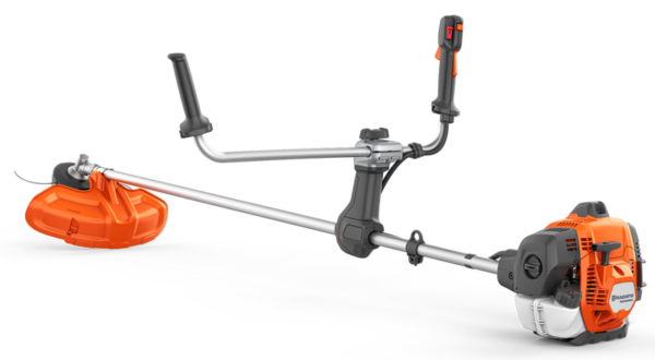 Husqvarna 525RX benzine-bosmaaier met U-handgreep, trimmerkop, grasmes en X-Torq®-motor voor professioneel groenonderhoud.