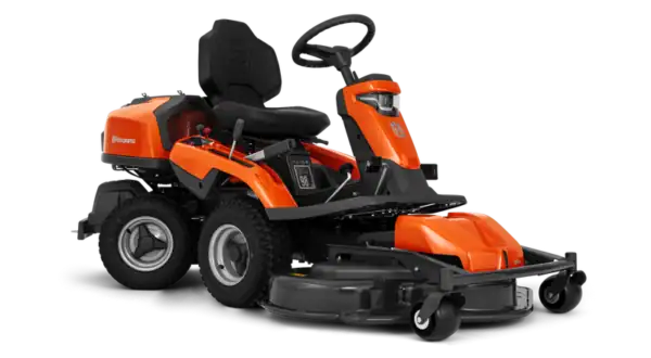 Husqvarna R 318X zitmaaier zonder maaidek geïnstalleerd op grasveld met LED‑koplampen en premium stoel