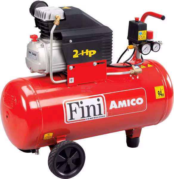 Fini AMICO 50/2400 M compressor met 50‑liter tank, robuust frame en wielen voor mobiel en veelzijdig gebruik.