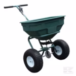 Gopart duw‑strooiwagen met stevige bak en grote wielen voor nauwkeurig strooien van zout, zand en granulaat.