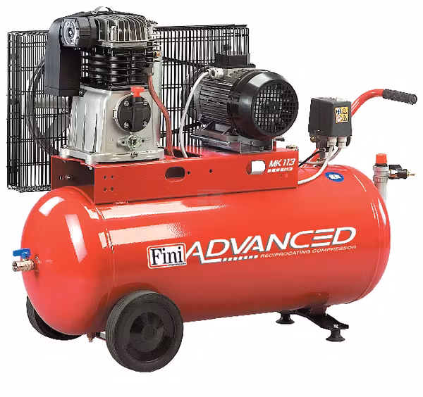 Fini MK 113‑90‑3T compressor met 90‑liter tank en 3‑fasen motor voor krachtig en professioneel gebruik.
